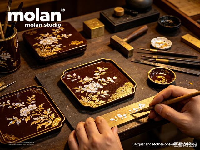 Molan studio workspace showing artisan tools and lacquerware in progress